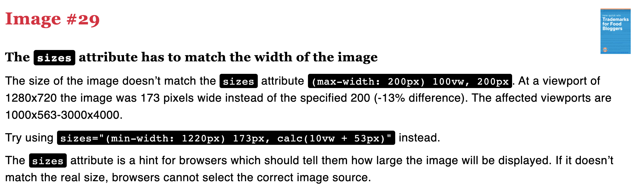 Screenshot of 'sizes' attribute suggestions offered by RespImageLint