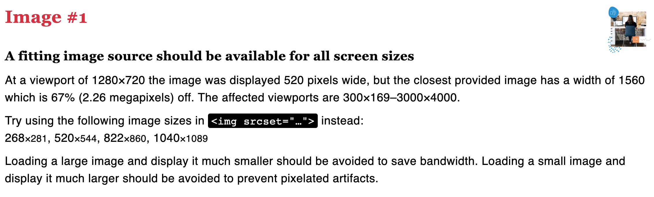 Screenshot of 'srcset' attribute suggestions from RespImageLint.